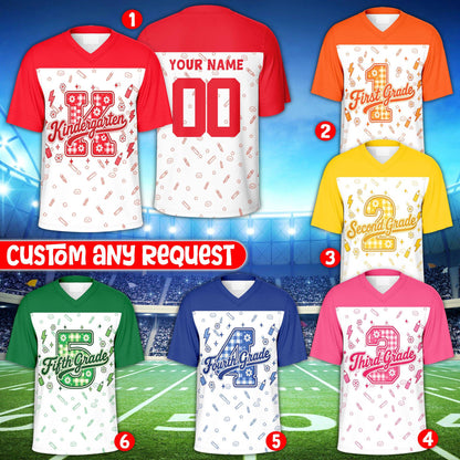 Detailed view of multicolored school doodles on a custom football jersey