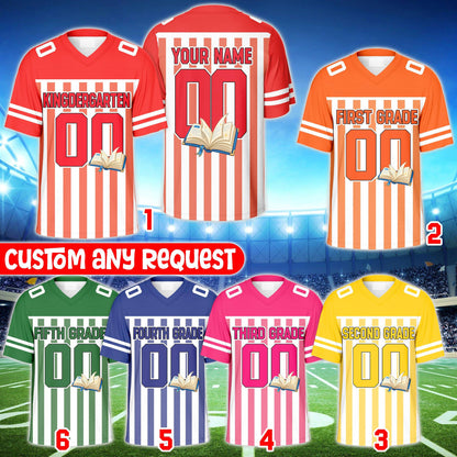 Multicolor view of the personalized school football jerseys