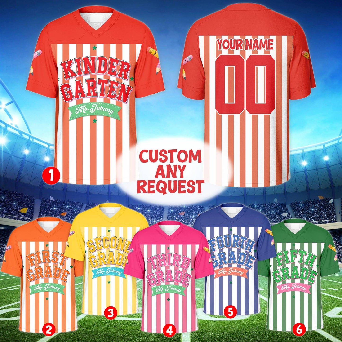 Multicolor view showcasing different color options for the school theme football jersey