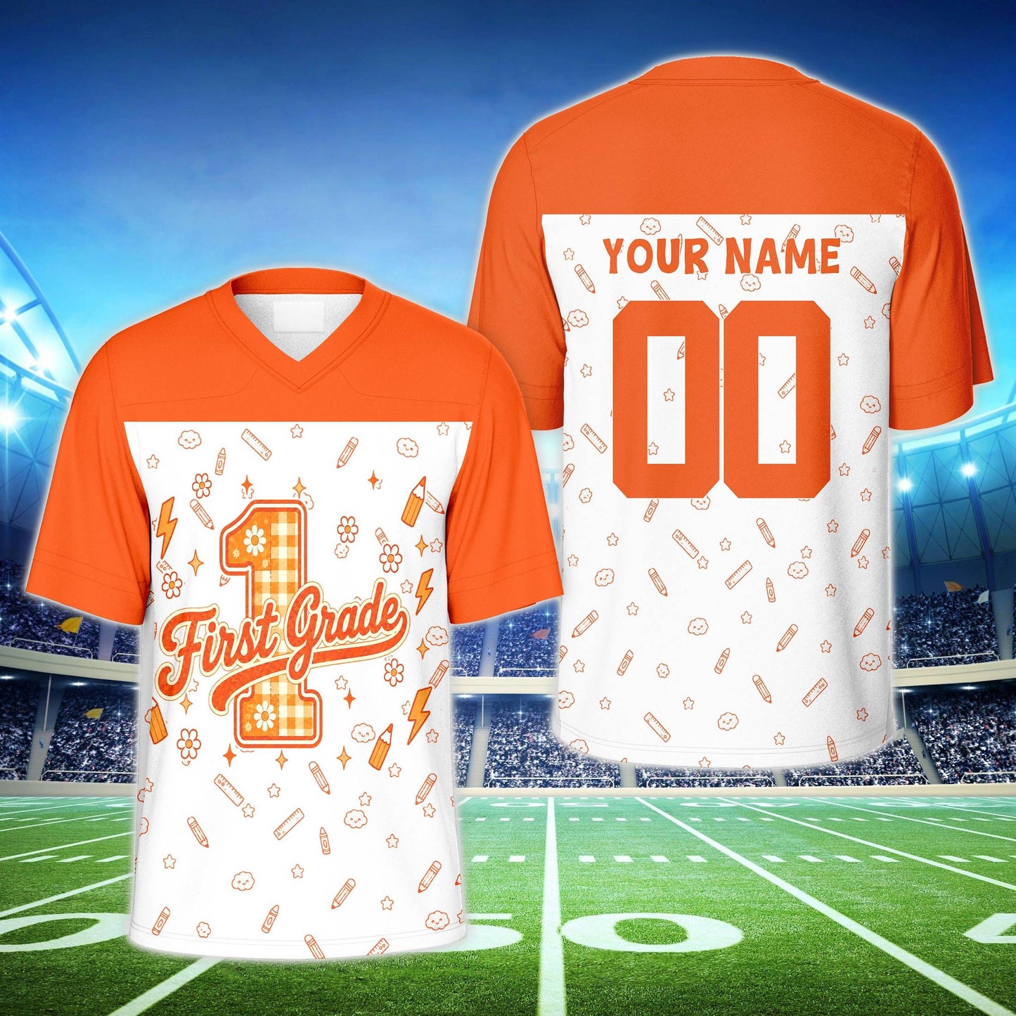 Orange shoulder custom name and number football jersey with school doodles, front view