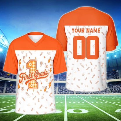 Orange shoulder custom name and number football jersey with school doodles, front view