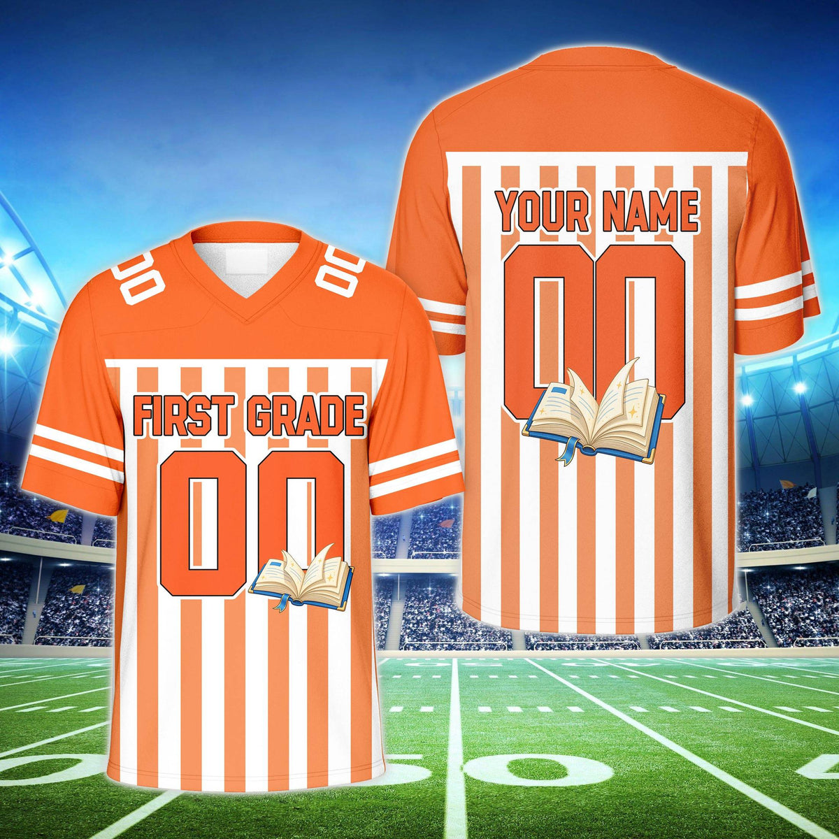Orange football jersey with custom name, school book graphic and vertical stripes, front view