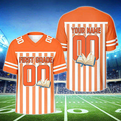 Orange football jersey with custom name, school book graphic and vertical stripes, front view