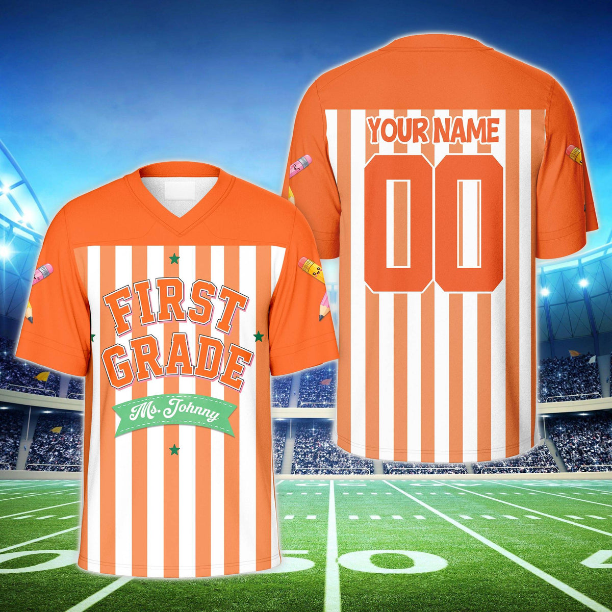Orange custom name and number football jersey, front view