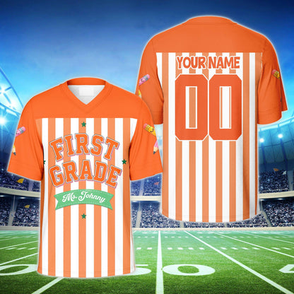 Orange custom name and number football jersey, front view