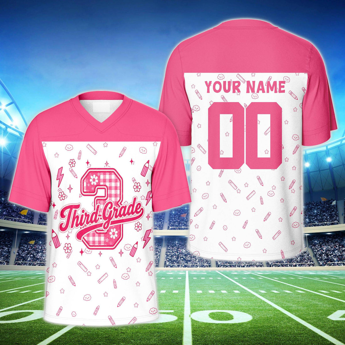 Pink version of the personalized school doodle football jersey
