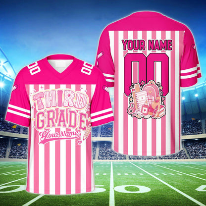 Pink personalized football jersey highlighting custom details