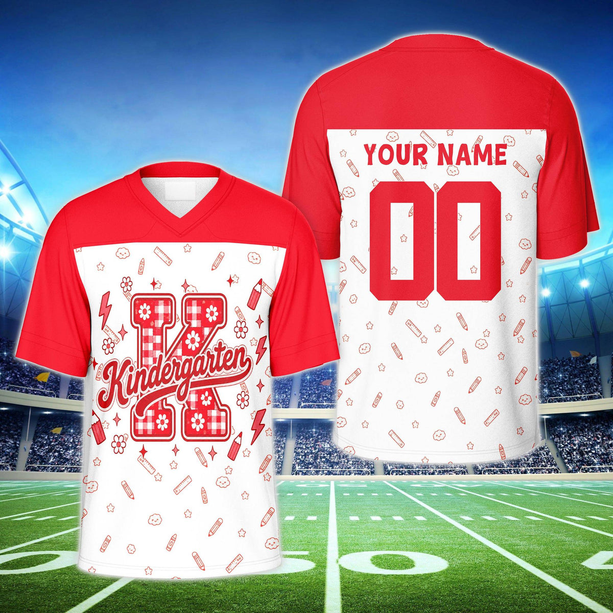 Red shoulder custom name and number football jersey with school doodles, front view