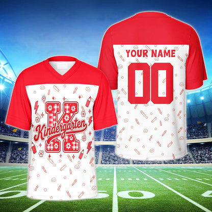 Red shoulder custom name and number football jersey with school doodles, front view
