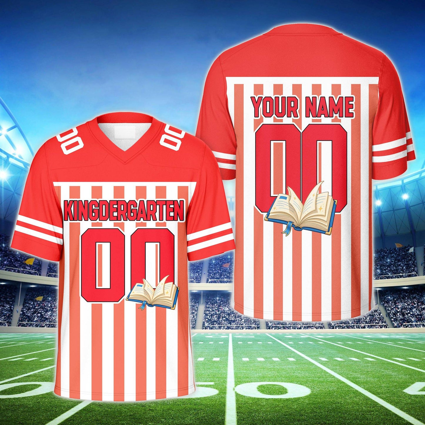 Red football jersey with custom name, school book graphic and vertical stripes, front view