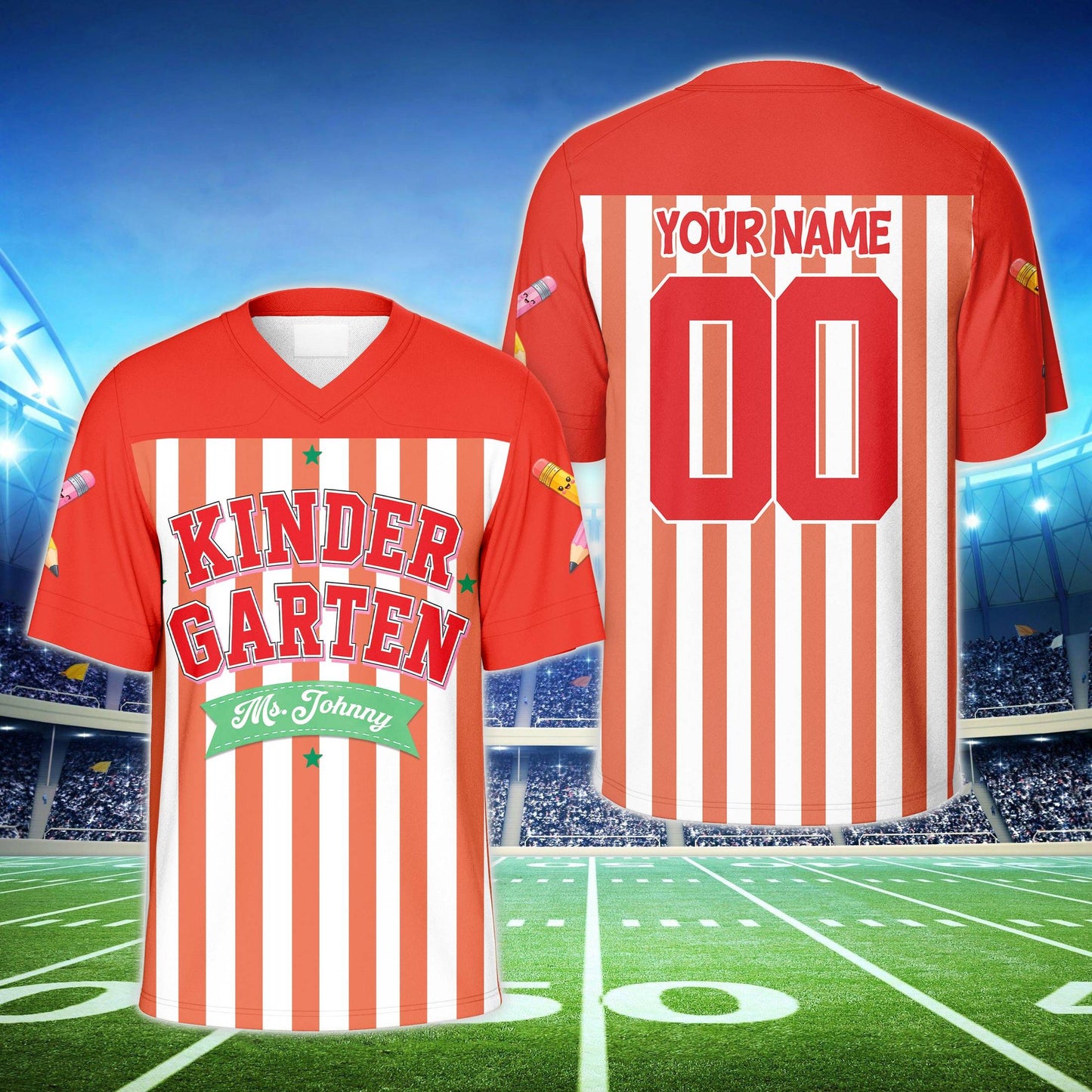 Red personalized school theme football jersey, front view