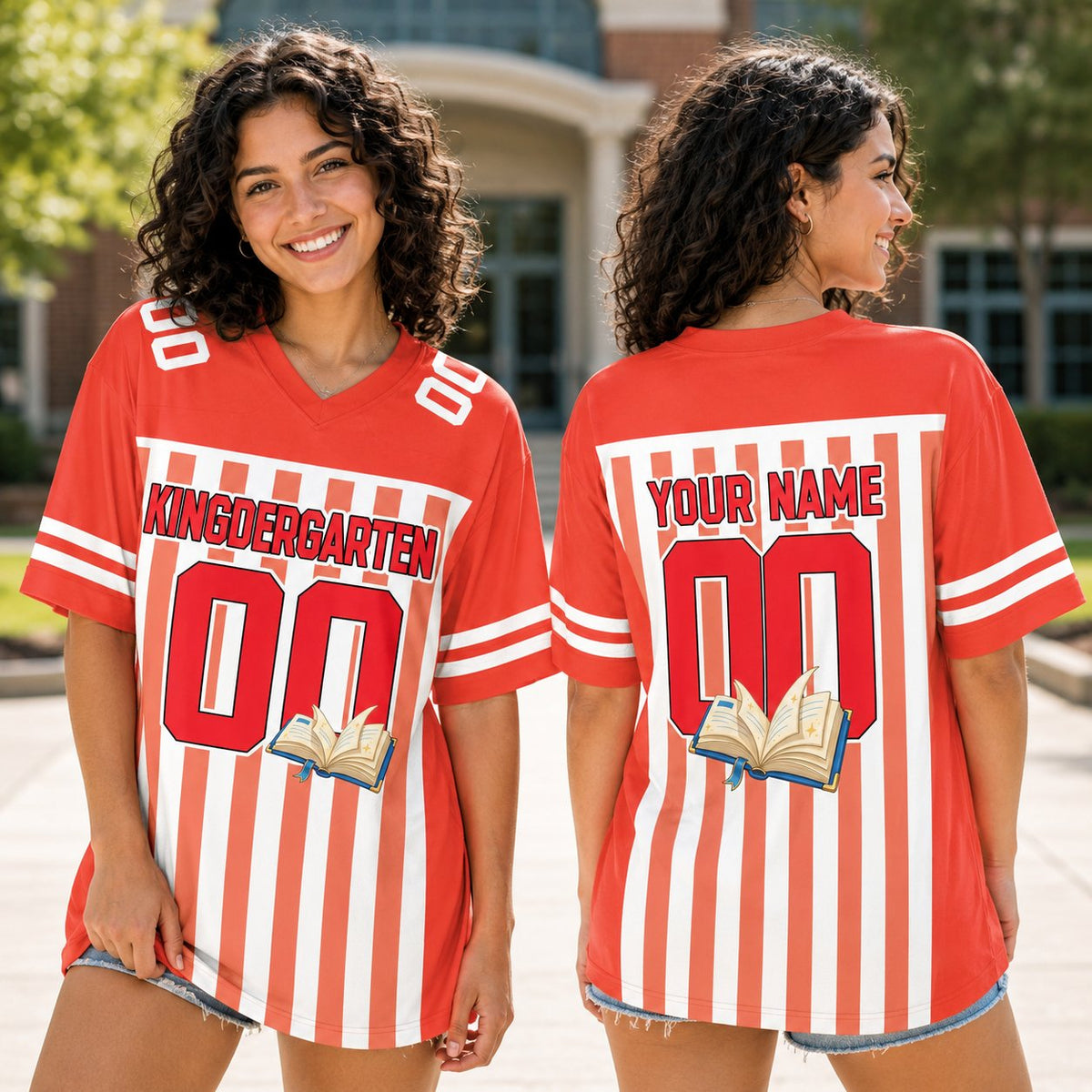 Lifestyle view of a person wearing the red school-themed personalized football jersey