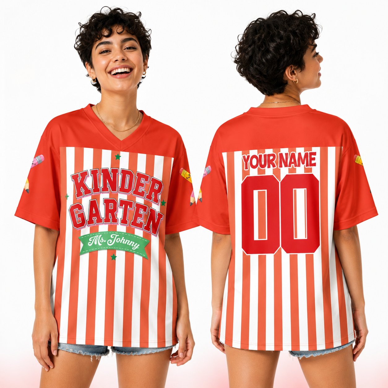 Lifestyle view of someone wearing the red personalized school themed football jersey