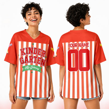 Lifestyle view of someone wearing the red personalized school themed football jersey