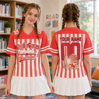 Red custom name football jersey with back to school motif