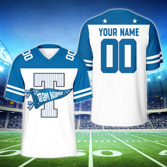 Personalized school spirit football jersey in white with blue details, custom name and number, main view