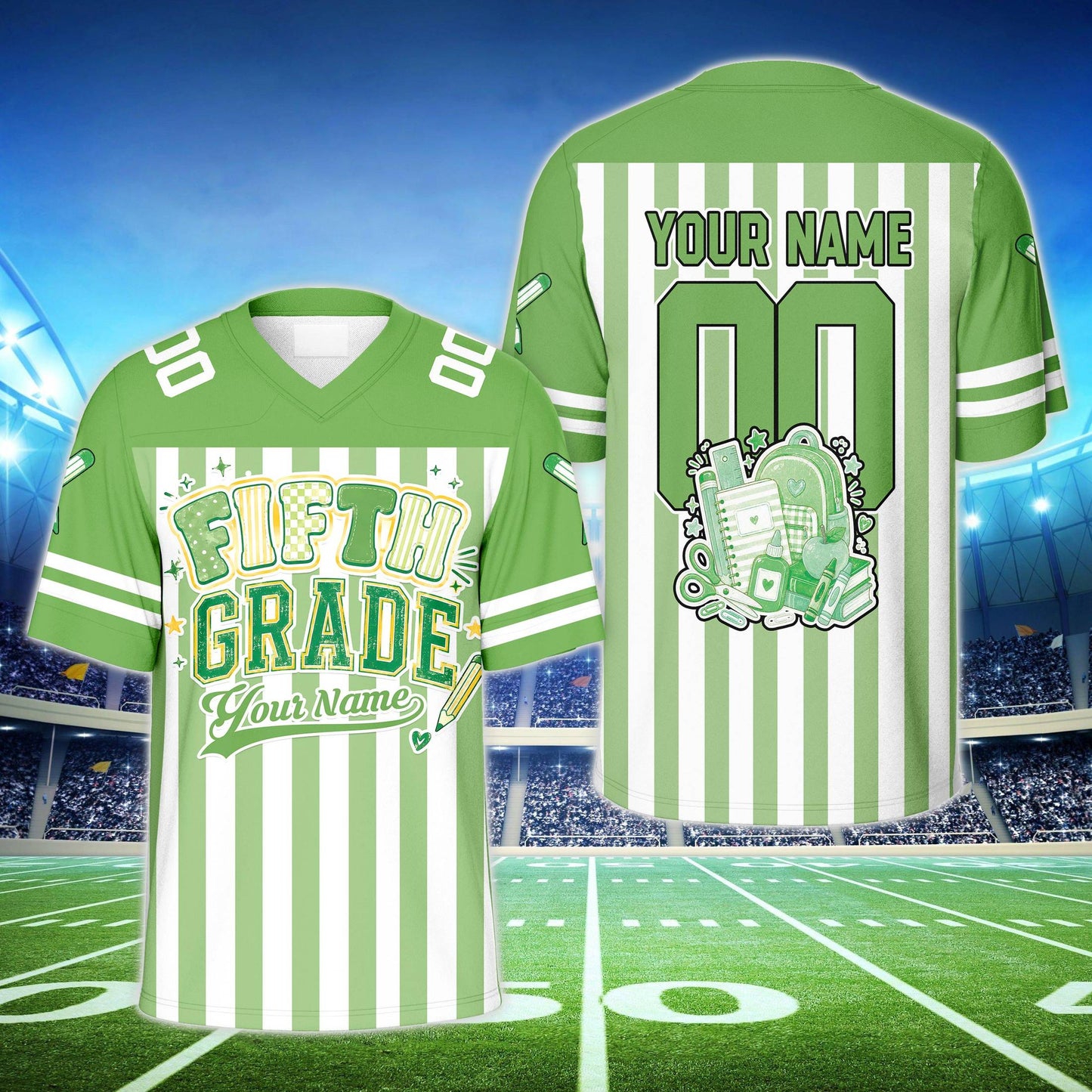 Custom football jersey showing back to school design details