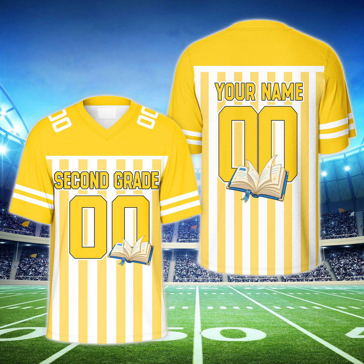 Yellow football jersey with custom name, school book graphic and vertical stripes, front view