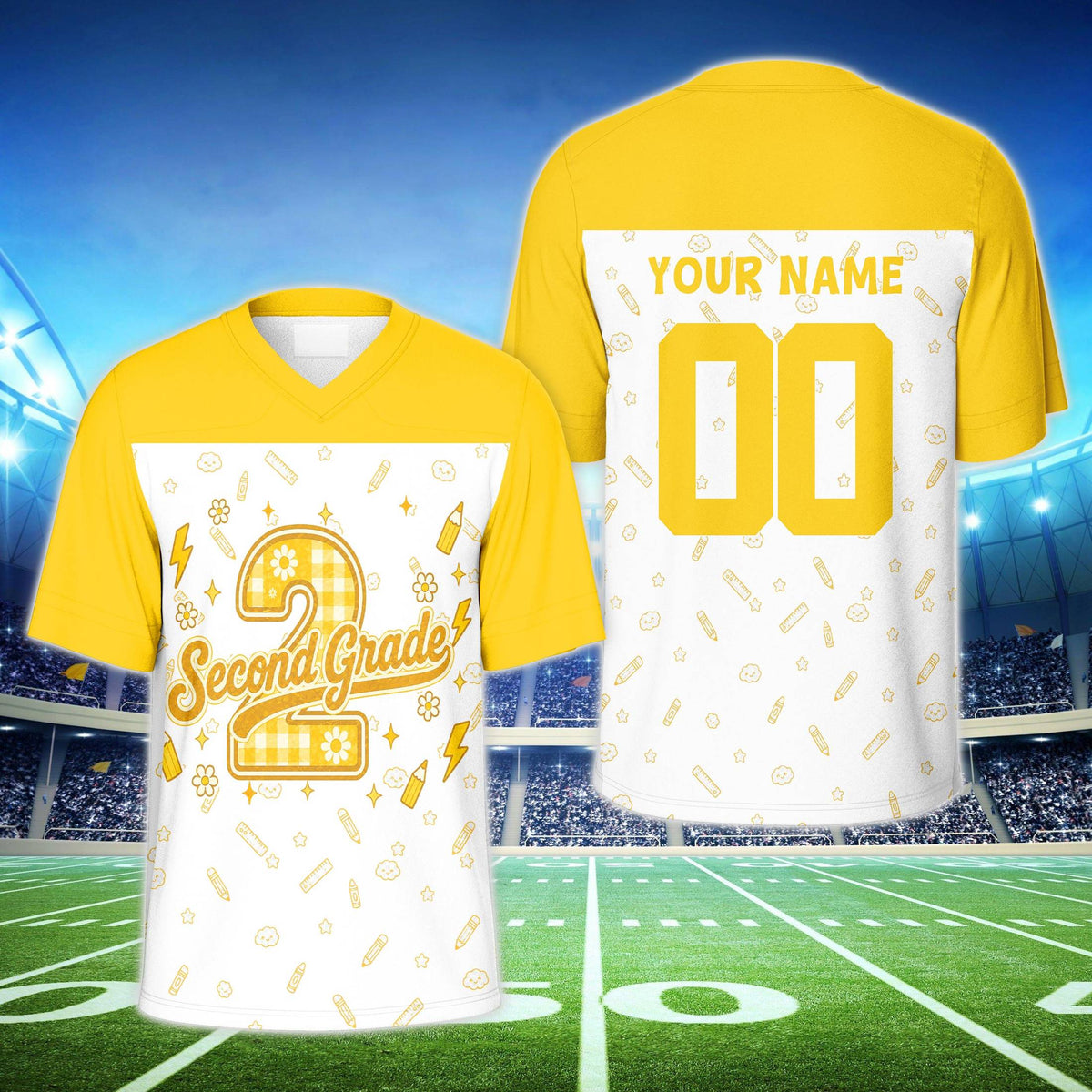 Yellow version of the personalized school doodle football jersey
