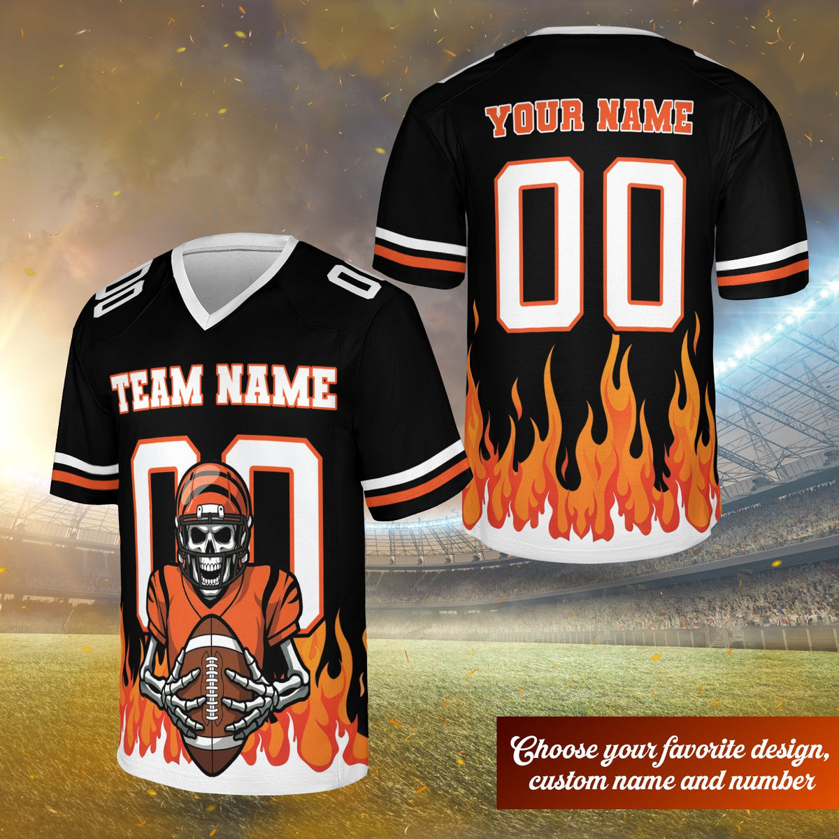 Black skeleton and flame football jersey with custom name and number, front view