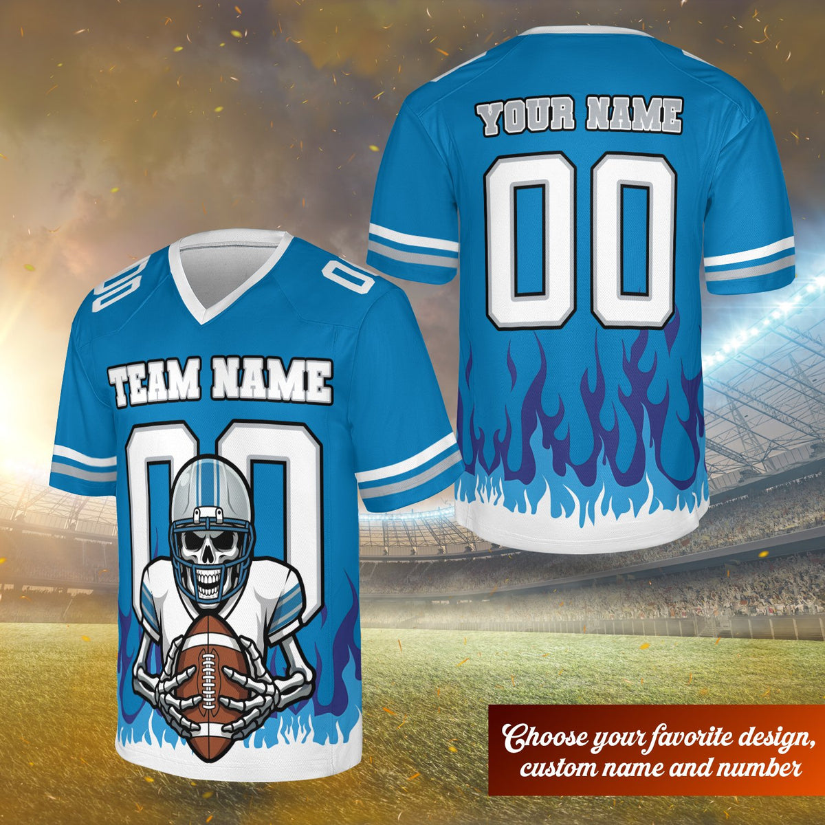 Blue skeleton and flame football jersey with custom name and number, back view