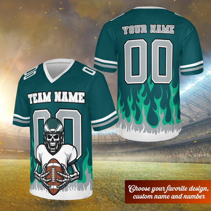 Green skeleton and flame football jersey with custom name and number, front view