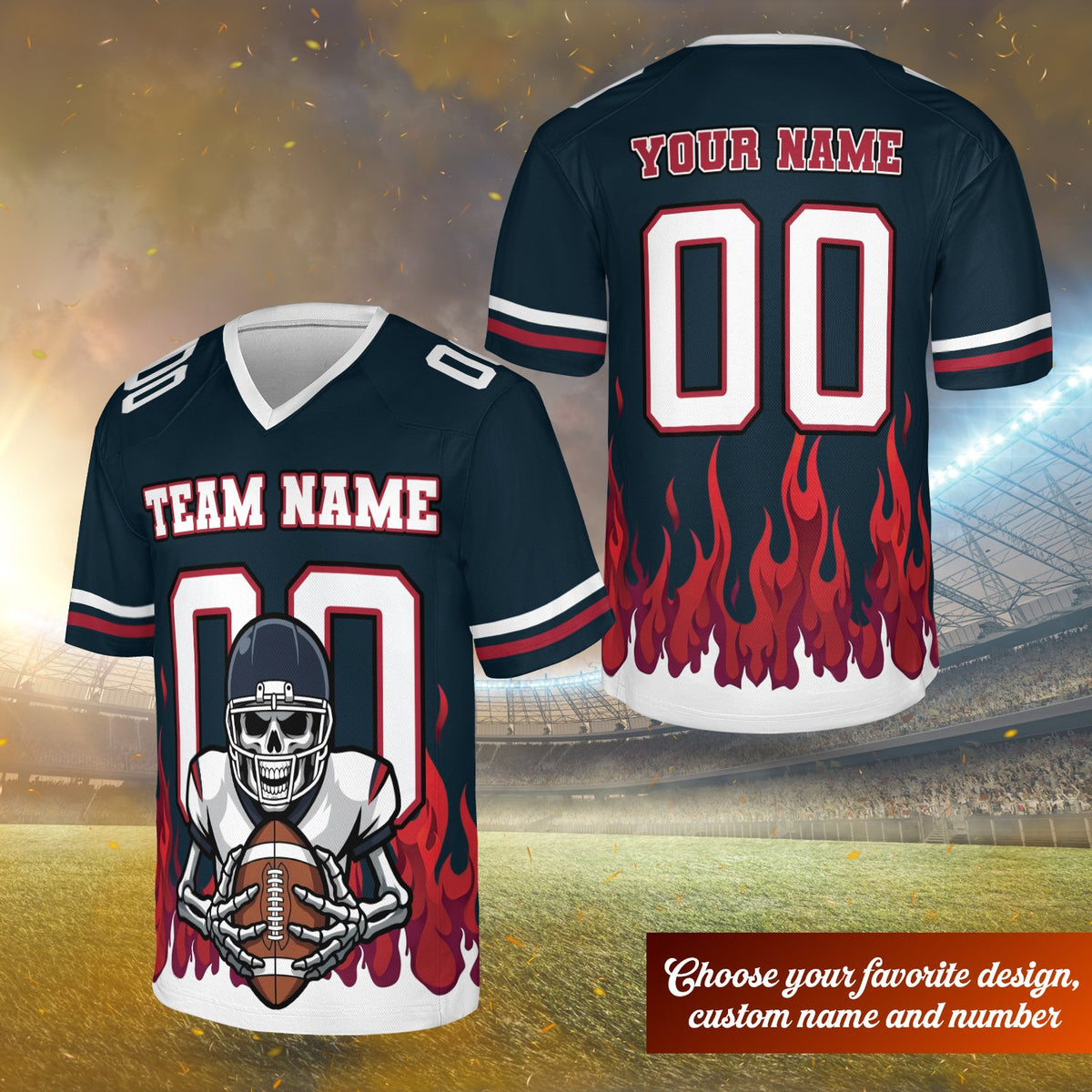 Navy skeleton and flame football jersey with custom name and number, front view