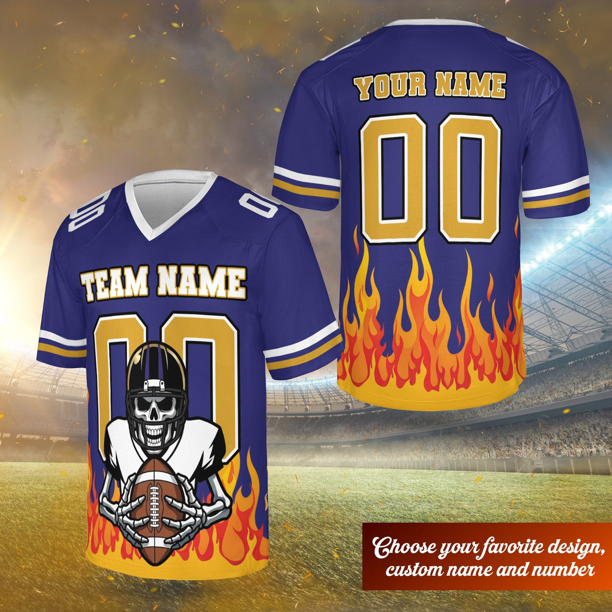 Purple skeleton and flame football jersey with custom name and number, front view