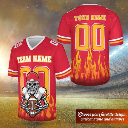 Red skeleton and flame football jersey with custom name and number, back view