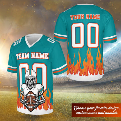 Teal skeleton and flame football jersey with custom name and number, front view
