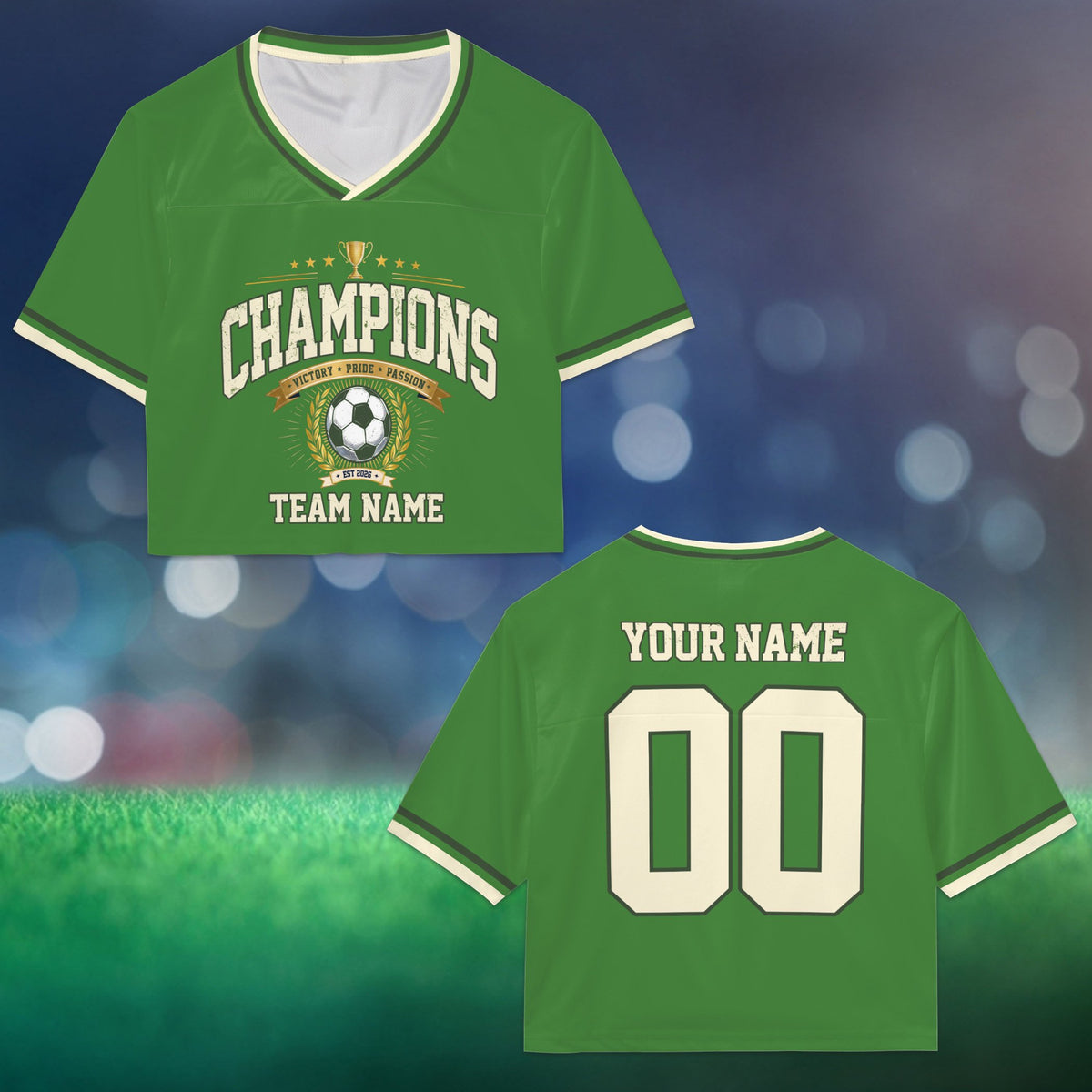 Personalized green soccer football jersey crop top with custom name and number, front view