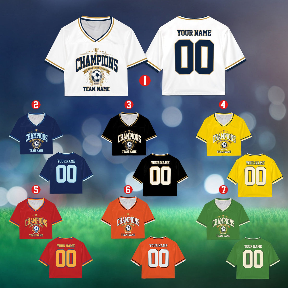 Personalized multicolor soccer football jersey crop top with custom name and number, front view
