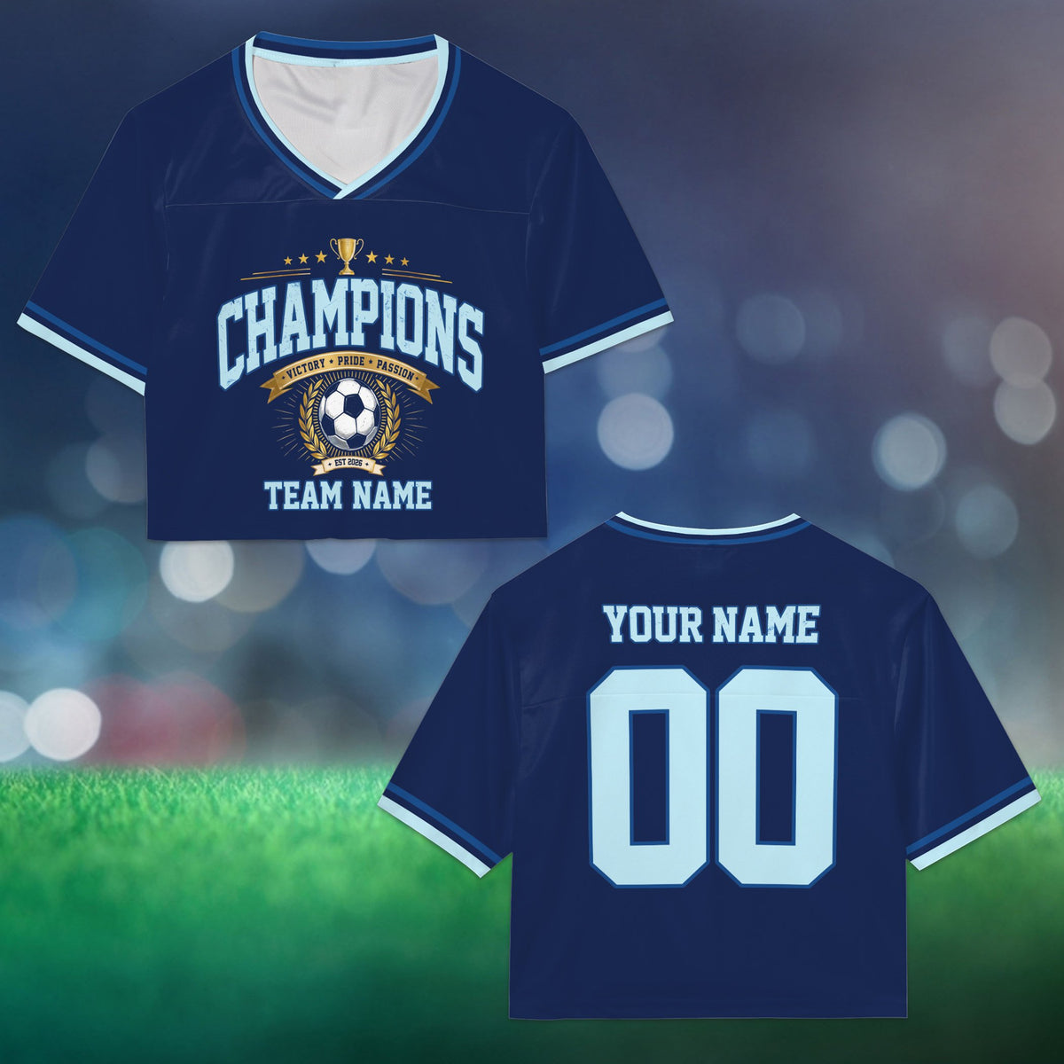Personalized navy soccer football jersey crop top with custom name and number, front view