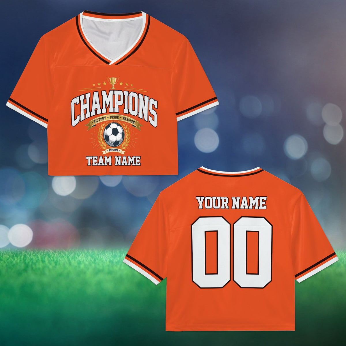 Personalized orange soccer football jersey crop top with custom name and number, front view