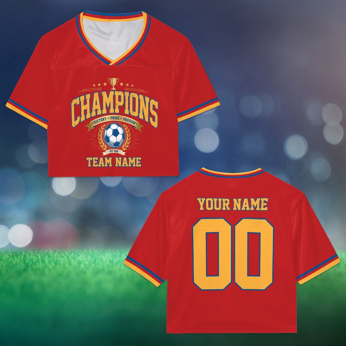 Personalized red soccer football jersey crop top with custom name and number, front view