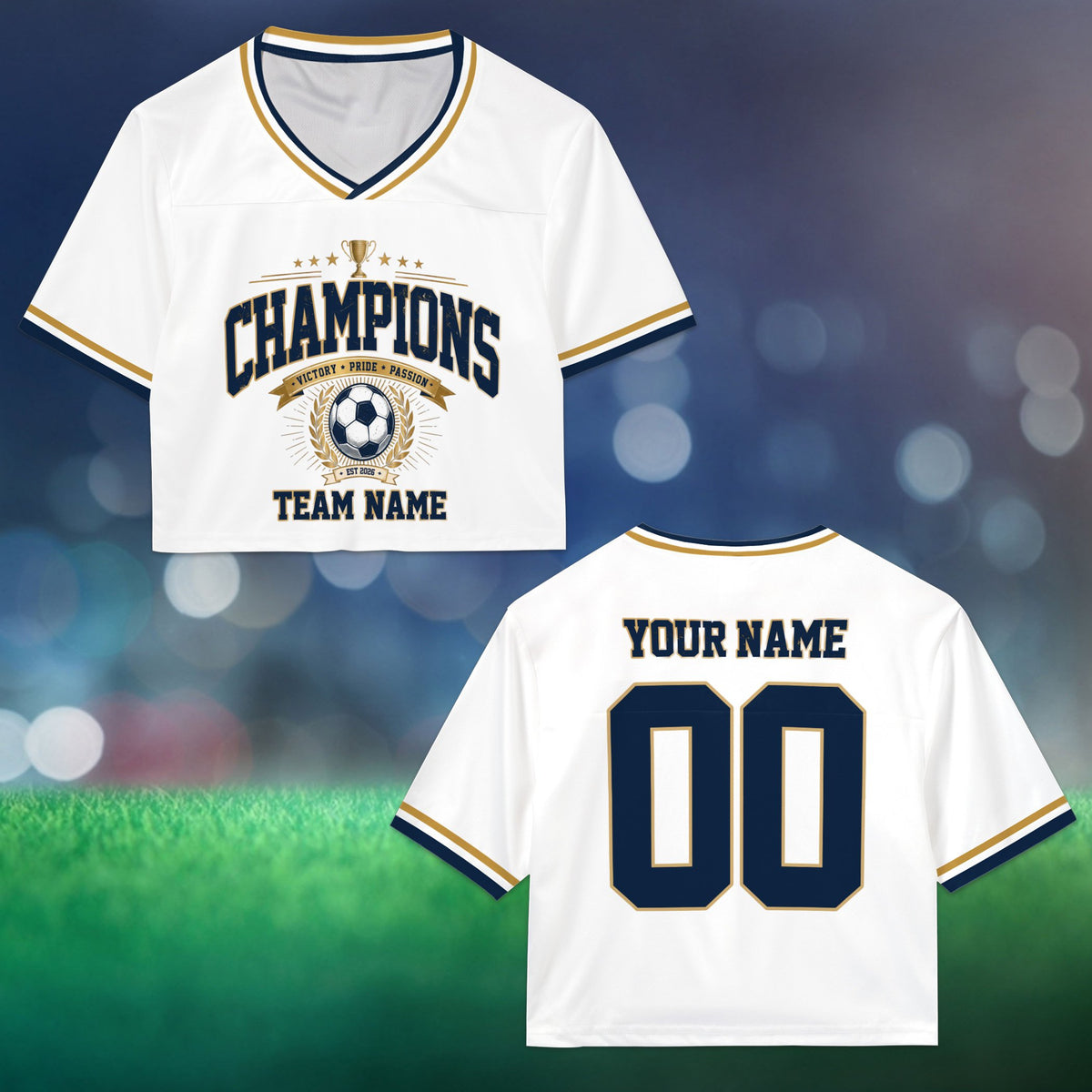 Personalized white soccer football jersey crop top with custom name and number, front view
