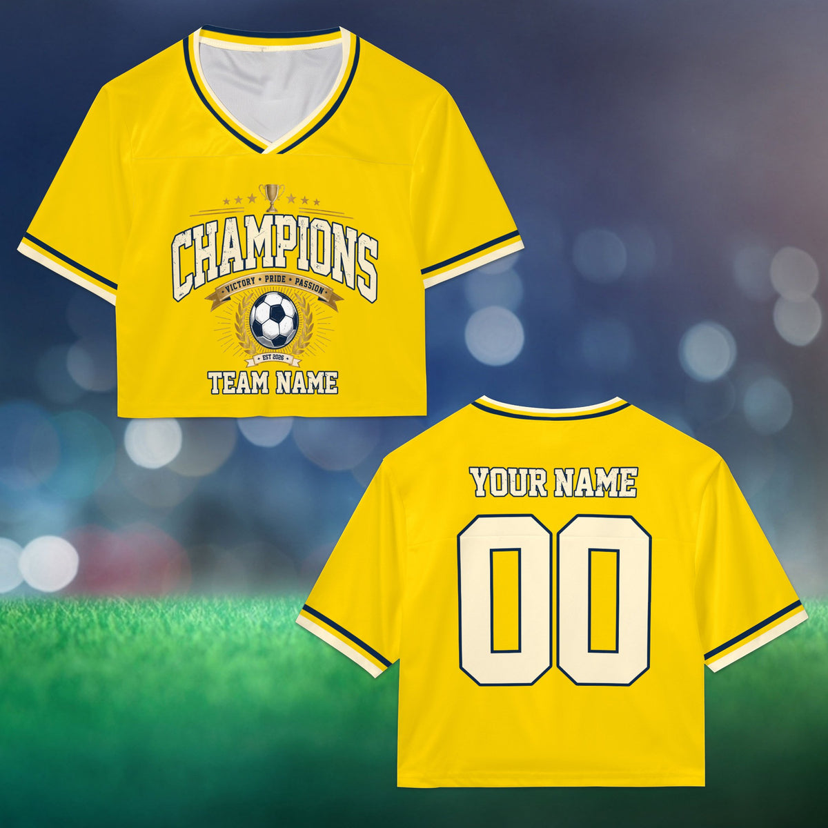 Personalized yellow soccer football jersey crop top with custom name and number, front view