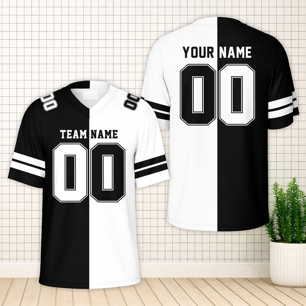 Black and contrasting color split football jersey, front view