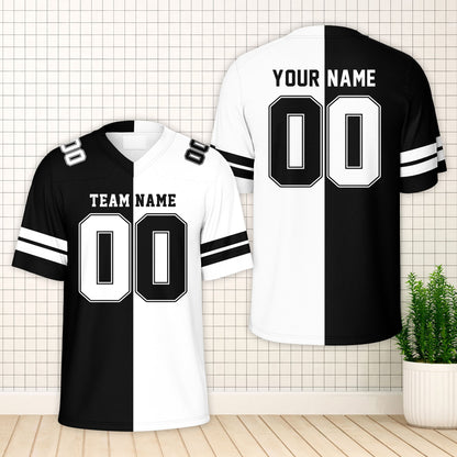 Black and contrasting color split football jersey, front view