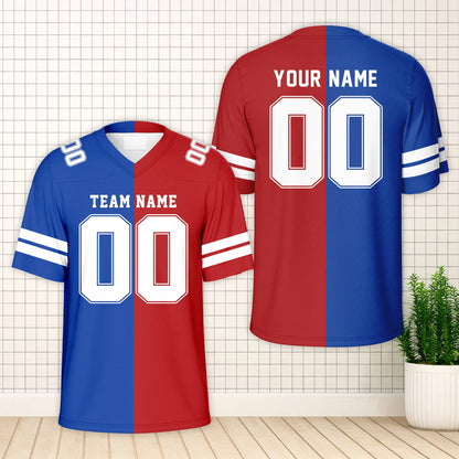 Blue split color football jersey, front view