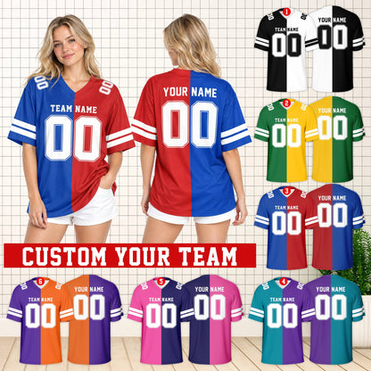 Adult wearing a personalized multicolor split color football jersey in a lifestyle setting