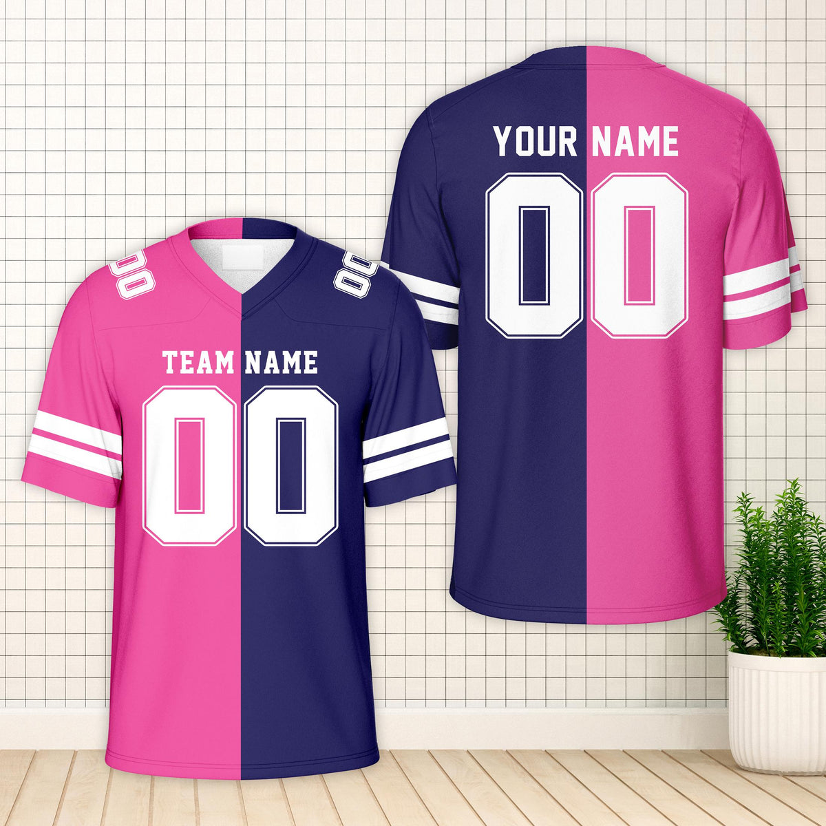 Navy blue split football jersey with custom name and number, front view
