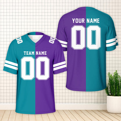 Purple personalized football jersey with split color design, front view
