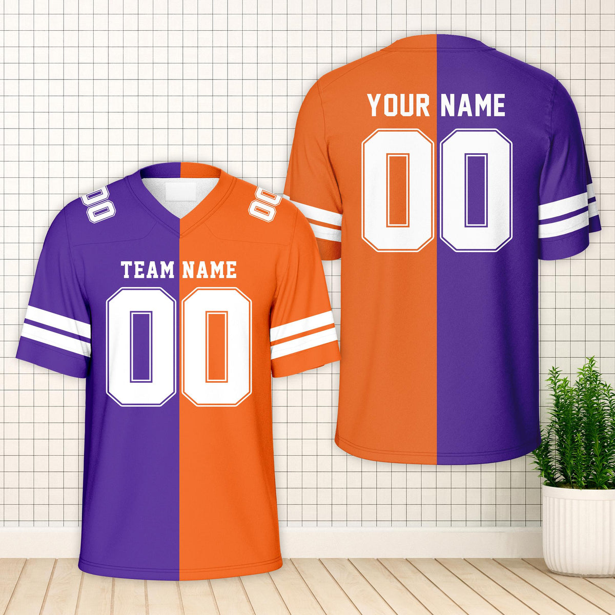 Purple and white split color football jersey, front view