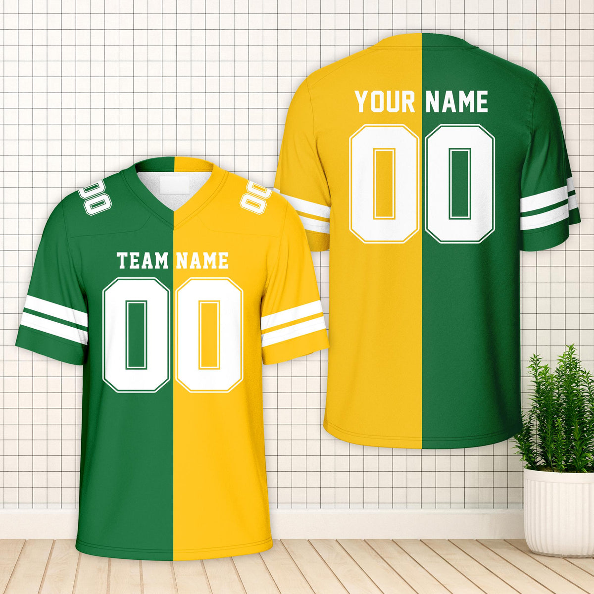 Yellow and green split football jersey with custom name and number, main view