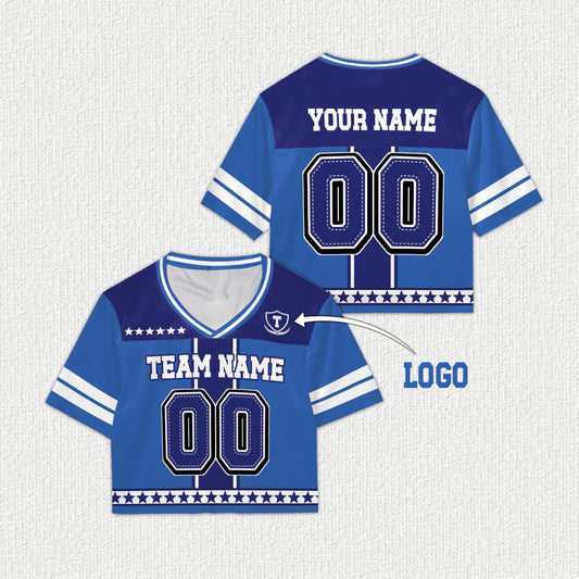 Personalized blue sports football jersey with custom name and number, main view