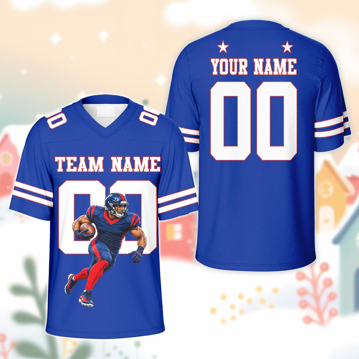 Blue sports jersey football with custom running player design, front view