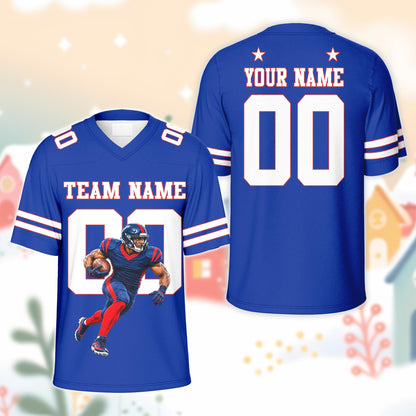 Blue sports jersey football with custom running player design, front view