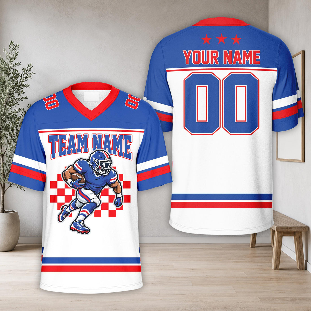 Blue custom name football jersey front view