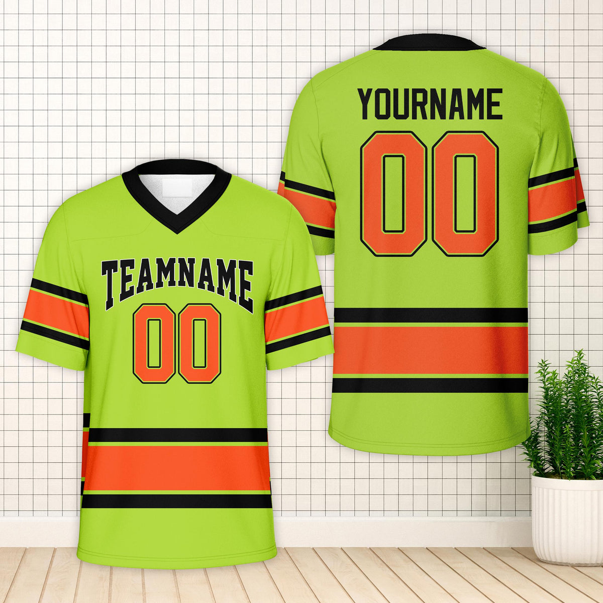Personalized green sports football jersey with custom name and number, front view